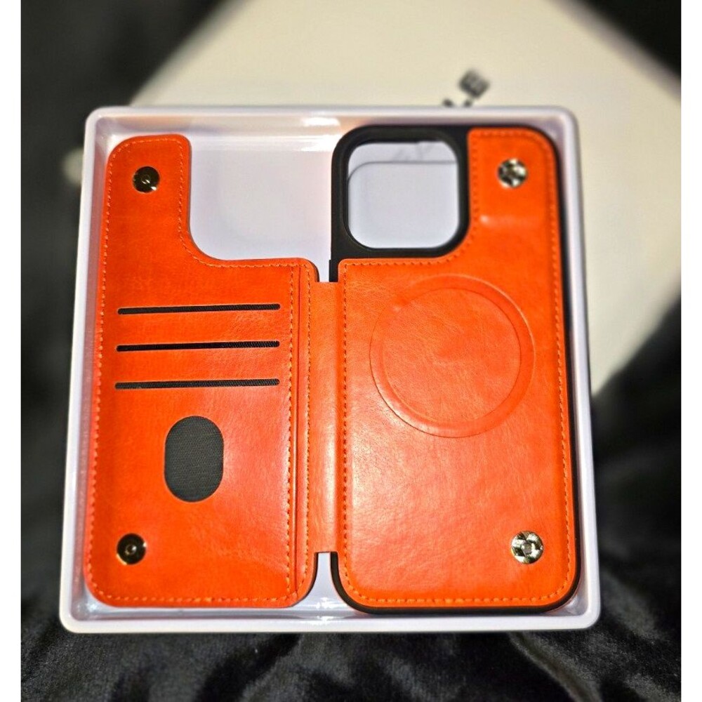 Orange & Black Faux Leather Wallet Phone Case Cover with Card Pocket